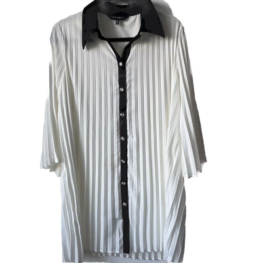 NEW Ming Wang Mini Pleated Shift Dress Contrast Trim Crepe de Chine White Medium - Picture 5 of 6